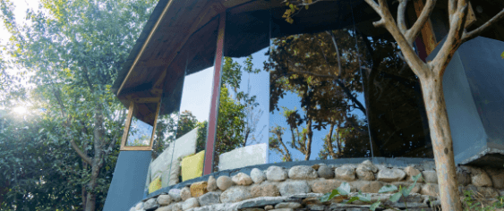 The ashram buildings set in the forest